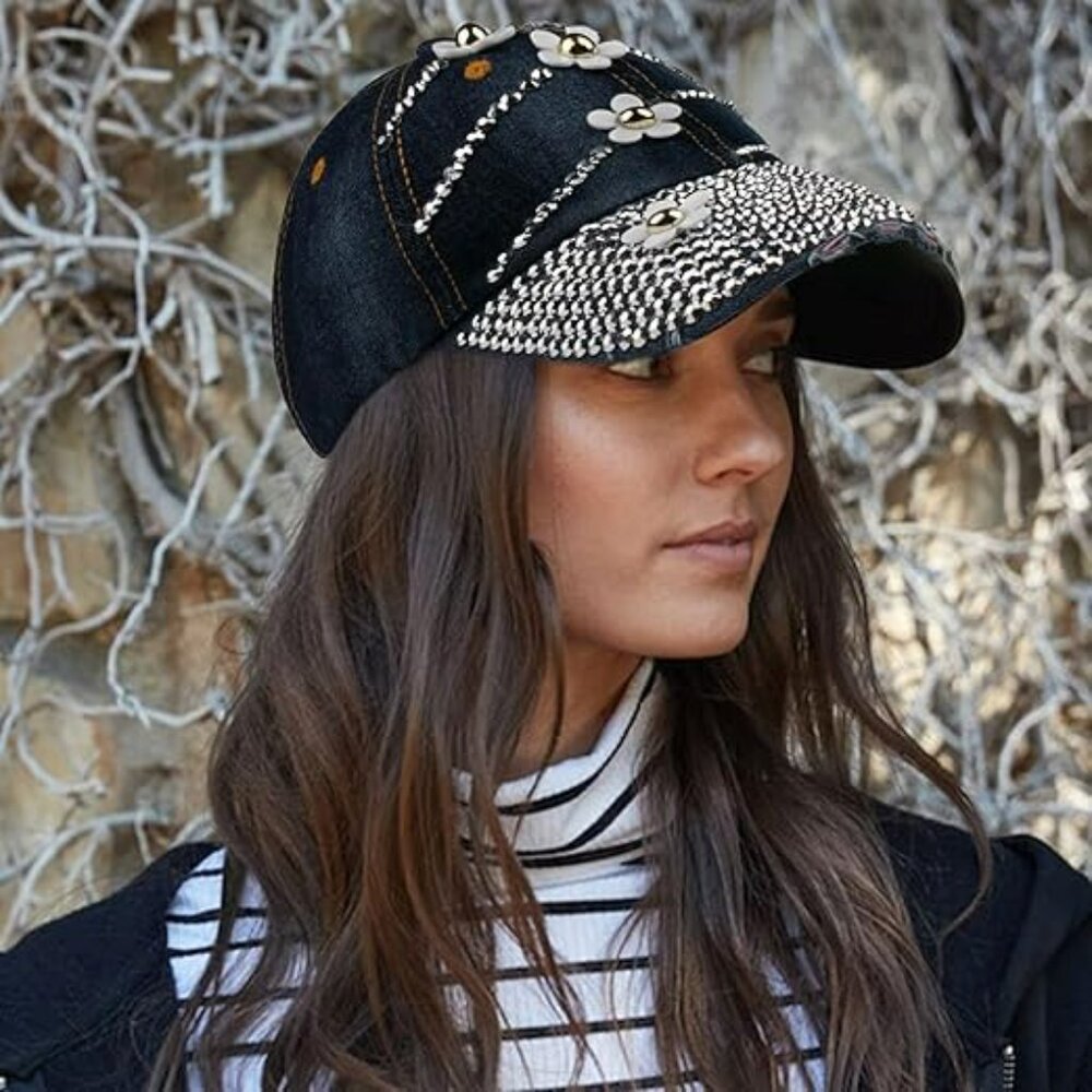 Bling Bejeweled Baseball Cap Black w Diamonds Hat Studded Y2K Strapback